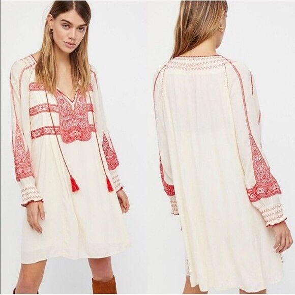 FREE PEOPLE Wind Willow Dress XS Embroidered Bohemian Mini Peasant Tassel Boho - Picture 1 of 15